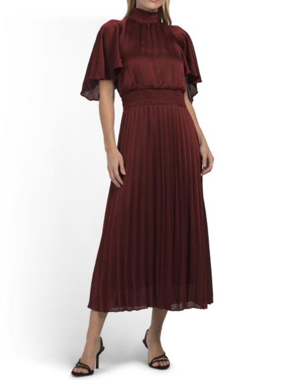JULIA JORDAN Satin Pleated Smocked Waist Midi Dress